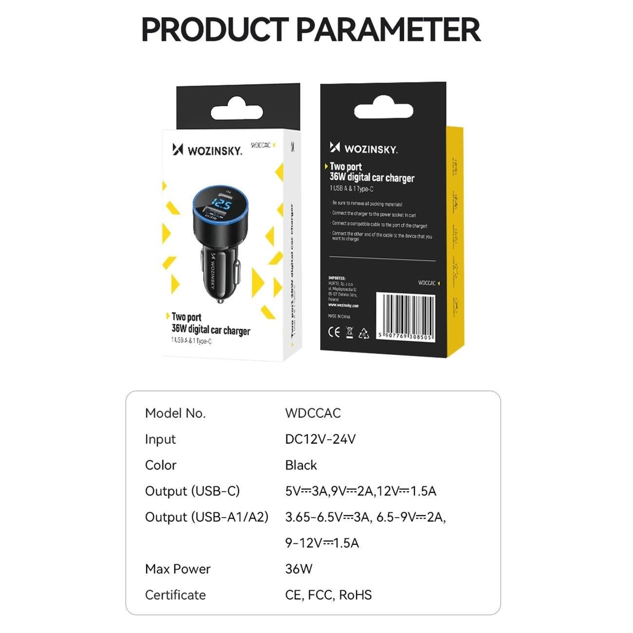Billader WZK WDCCAC, 36W, 3A, 1 x USB-A - 1 x USB-C, svart 