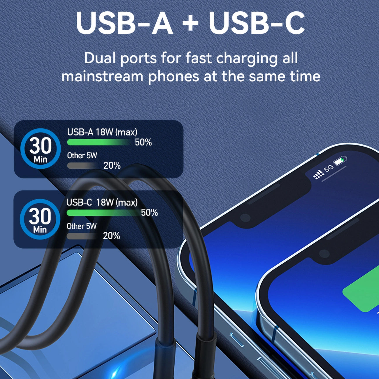 Billader WZK WDCCAC, 36W, 3A, 1 x USB-A - 1 x USB-C, svart 