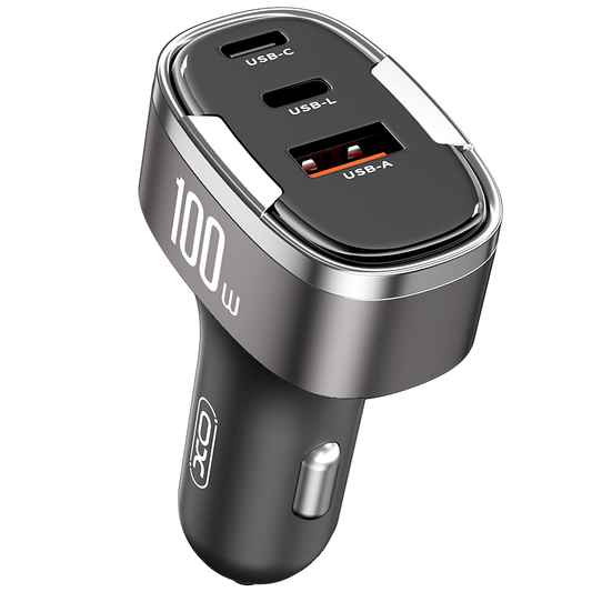 Bilader XO Design CC61, 100W, 3A, 1 x Lightning - 1 x USB-A - 1 x USB-C, Grå