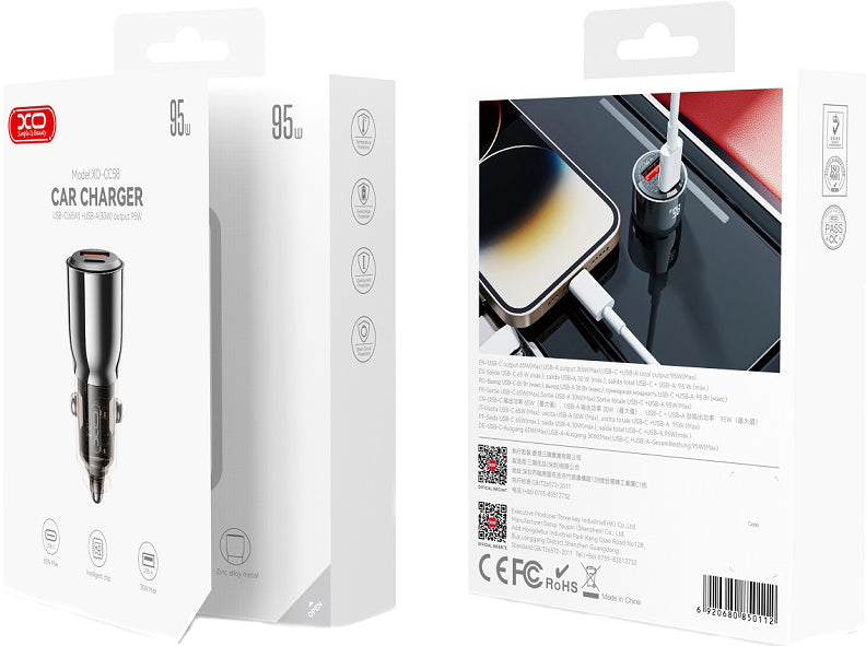 Bilader XO Design CC58, 95W, 3.25A, 1 x USB-A - 1 x USB-C, Svart