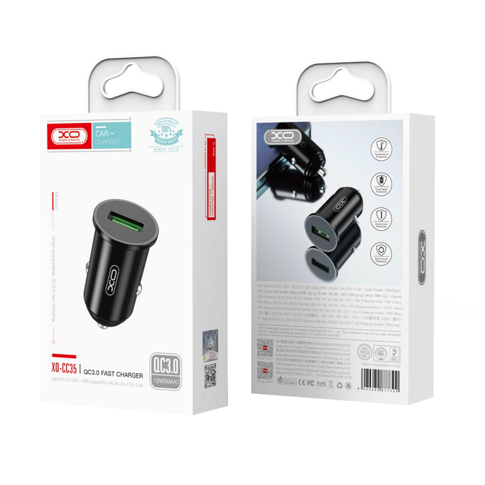 Bilader XO Design CC35, 18W, 3A, 1 x USB-A, Svart