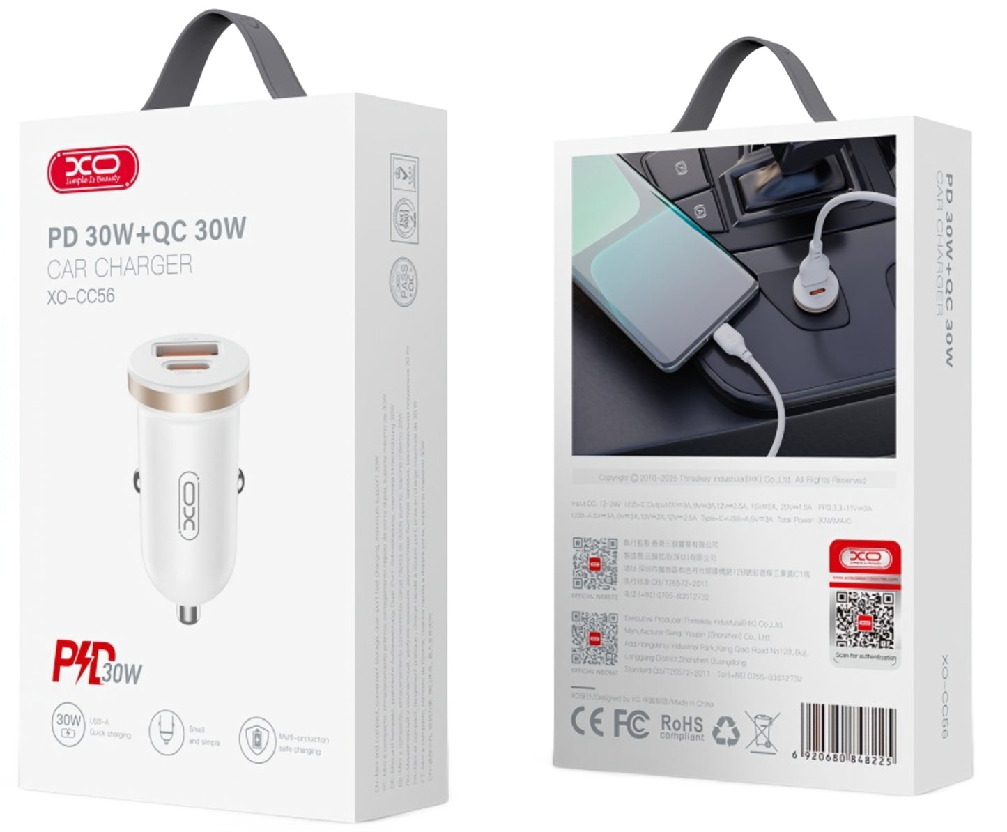 Bilader XO Design CC56, 30W, 3A, 1 x USB-A - 1 x USB-C, Hvit