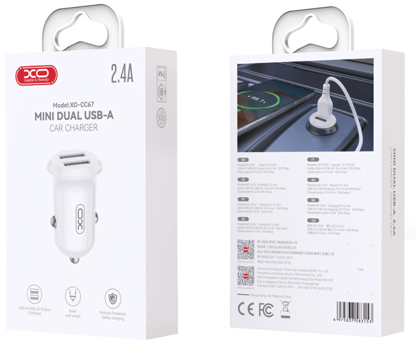 Bilader XO Design CC67, 12W, 2.4A, 2 x USB-A, Hvit
