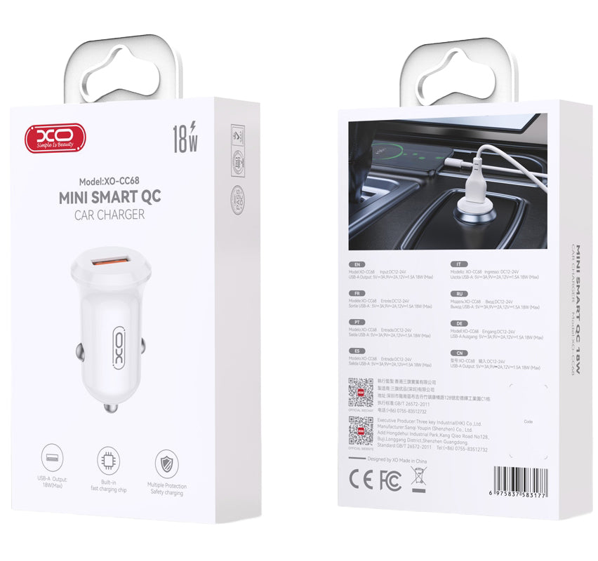 Bilader XO Design CC68, 18W, 3A, 1 x USB-A, Hvit