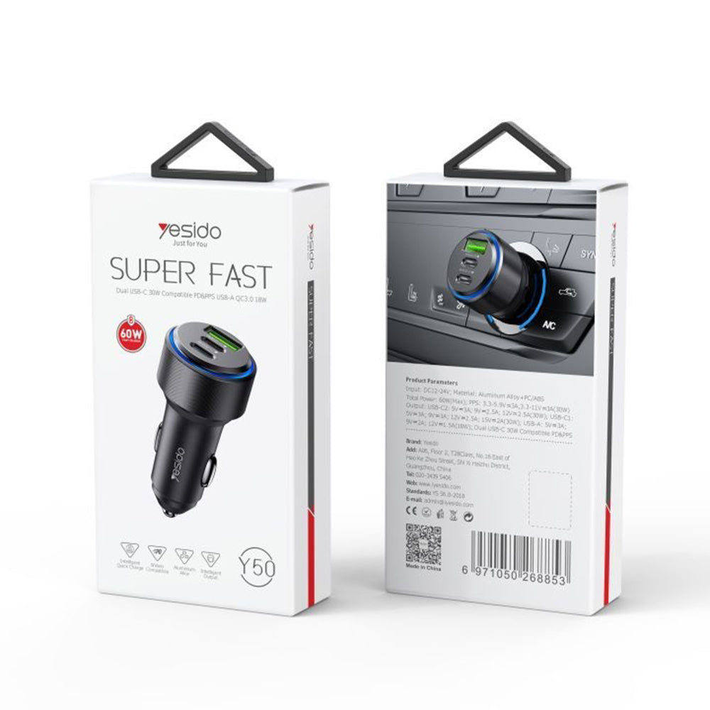 Bilader Yesido Y50, 60W, 3A, 1 x USB-A - 2 x USB-C, Svart