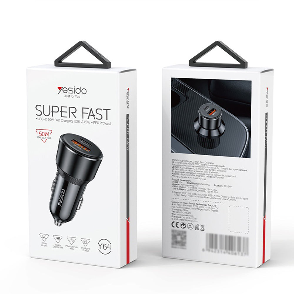 Bilader Yesido Y64, 50W, 3A, 1 x USB-A - 1 x USB-C, Svart