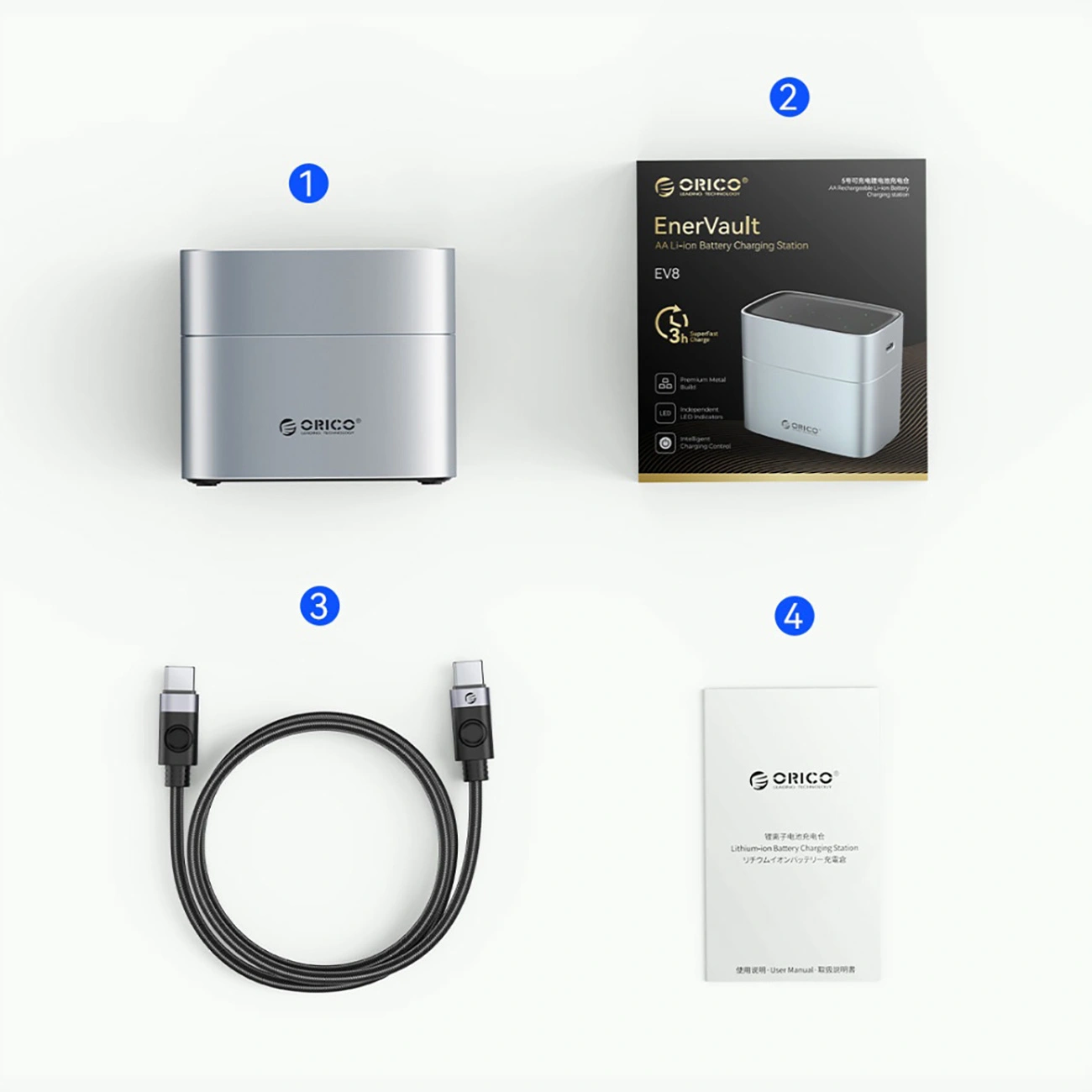 Orico EV8 Batterilader, AA, Grå