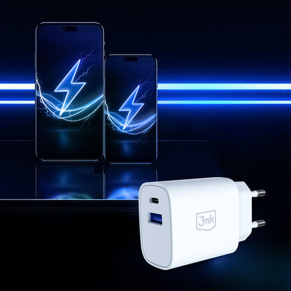 3MK FlowPower nettadapter, 25W, 1 x USB-A - 1 x USB-C, hvit