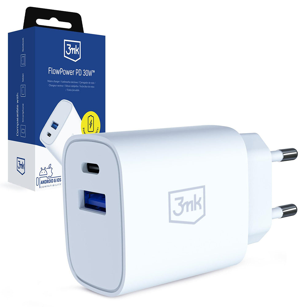 3MK FlowPower Nettlader, 30W, 1 x USB-A - 1 x USB-C, Hvit