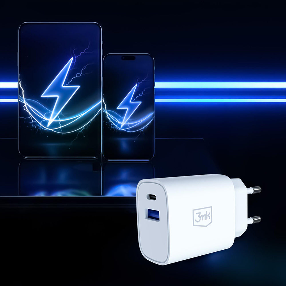 3MK FlowPower Nettlader, 30W, 1 x USB-A - 1 x USB-C, Hvit