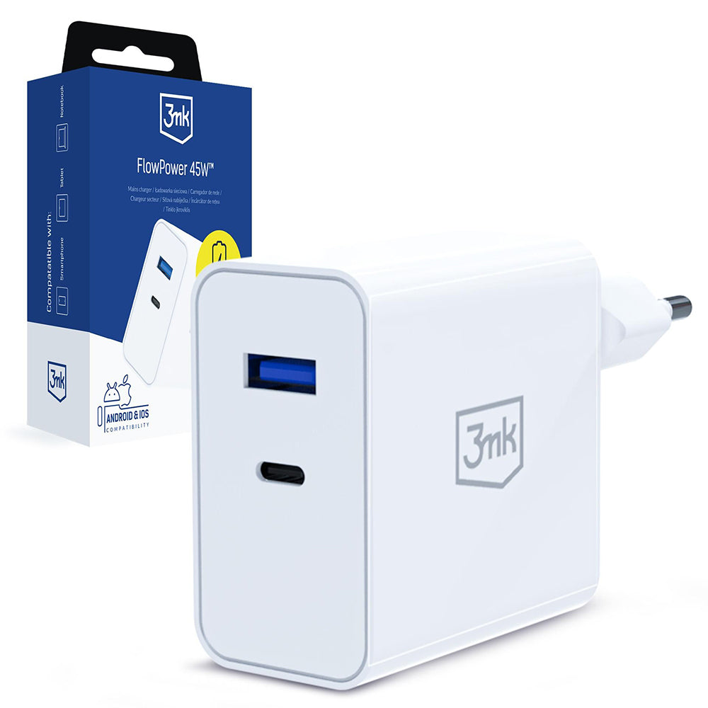 3MK FlowPower Nettlader, 45W, 1 x USB-A - 1 x USB-C, Hvit