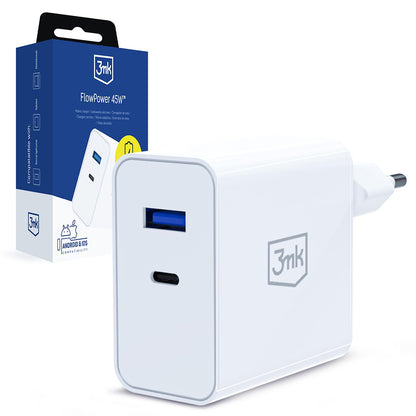 3MK FlowPower Nettlader, 45W, 1 x USB-A - 1 x USB-C, Hvit