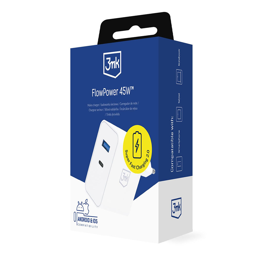 3MK FlowPower Nettlader, 45W, 1 x USB-A - 1 x USB-C, Hvit