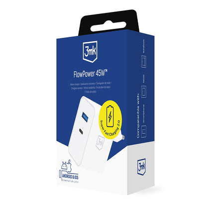 3MK FlowPower Nettlader, 45W, 1 x USB-A - 1 x USB-C, Hvit