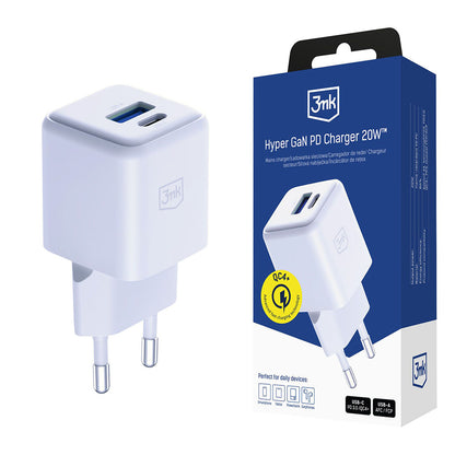 Nettlader 3MK Hyper, 20W, 3A, 1 x USB-A - 1 x USB-C, Hvit