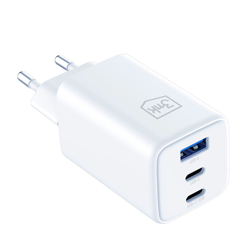 Nettlader 3MK Hyper, 65W, 3.25A, 1 x USB-A - 2 x USB-C, Hvit