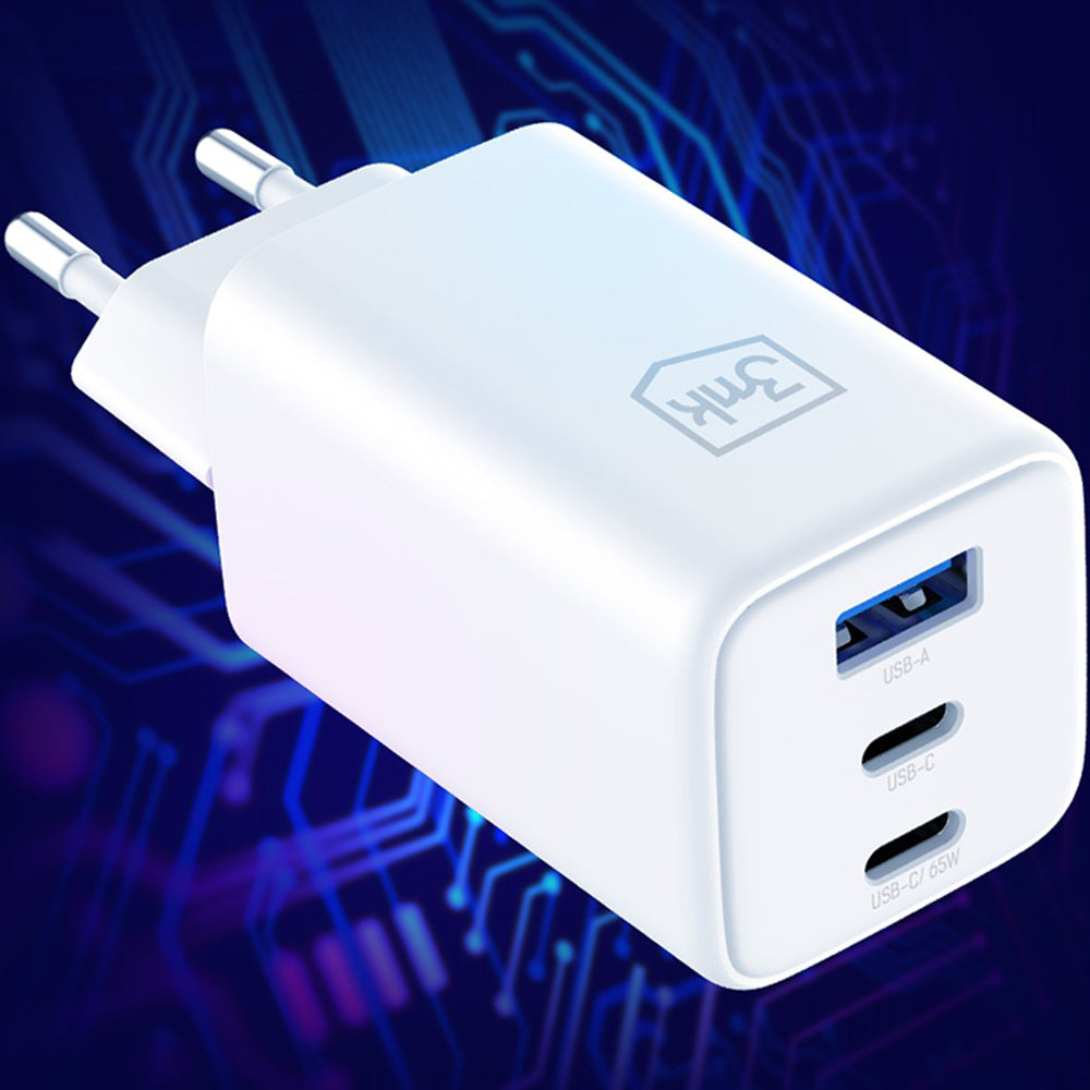 Nettlader 3MK Hyper, 65W, 3.25A, 1 x USB-A - 2 x USB-C, Hvit