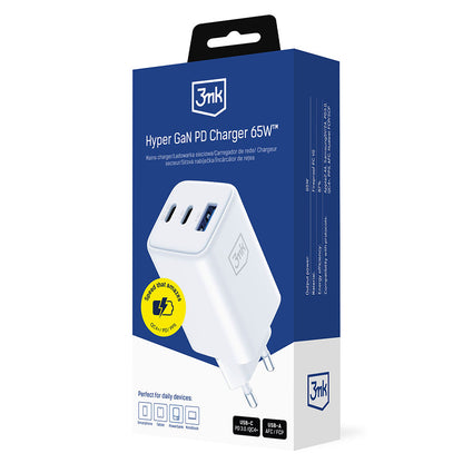 Nettlader 3MK Hyper, 65W, 3.25A, 1 x USB-A - 2 x USB-C, Hvit
