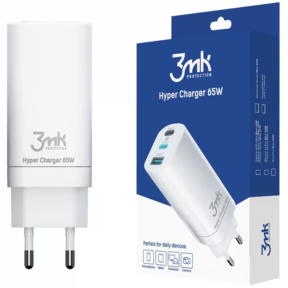 3MK HyperCharger nettadapter, 65W, 5A, 1 x USB-A - 2 x USB-C, hvit