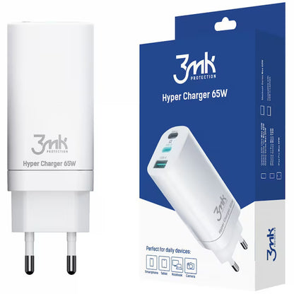 3MK HyperCharger nettadapter, 65W, 5A, 1 x USB-A - 2 x USB-C, hvit