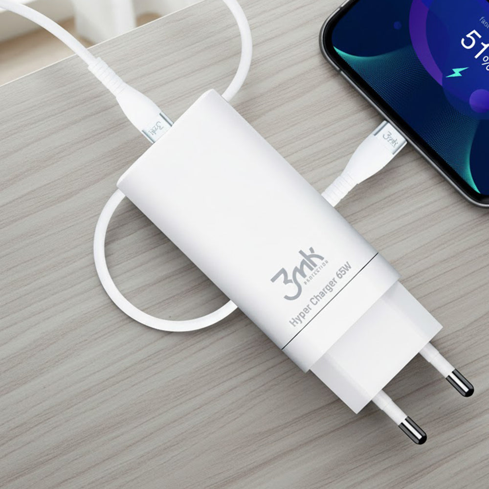 3MK HyperCharger nettadapter, 65W, 5A, 1 x USB-A - 2 x USB-C, hvit