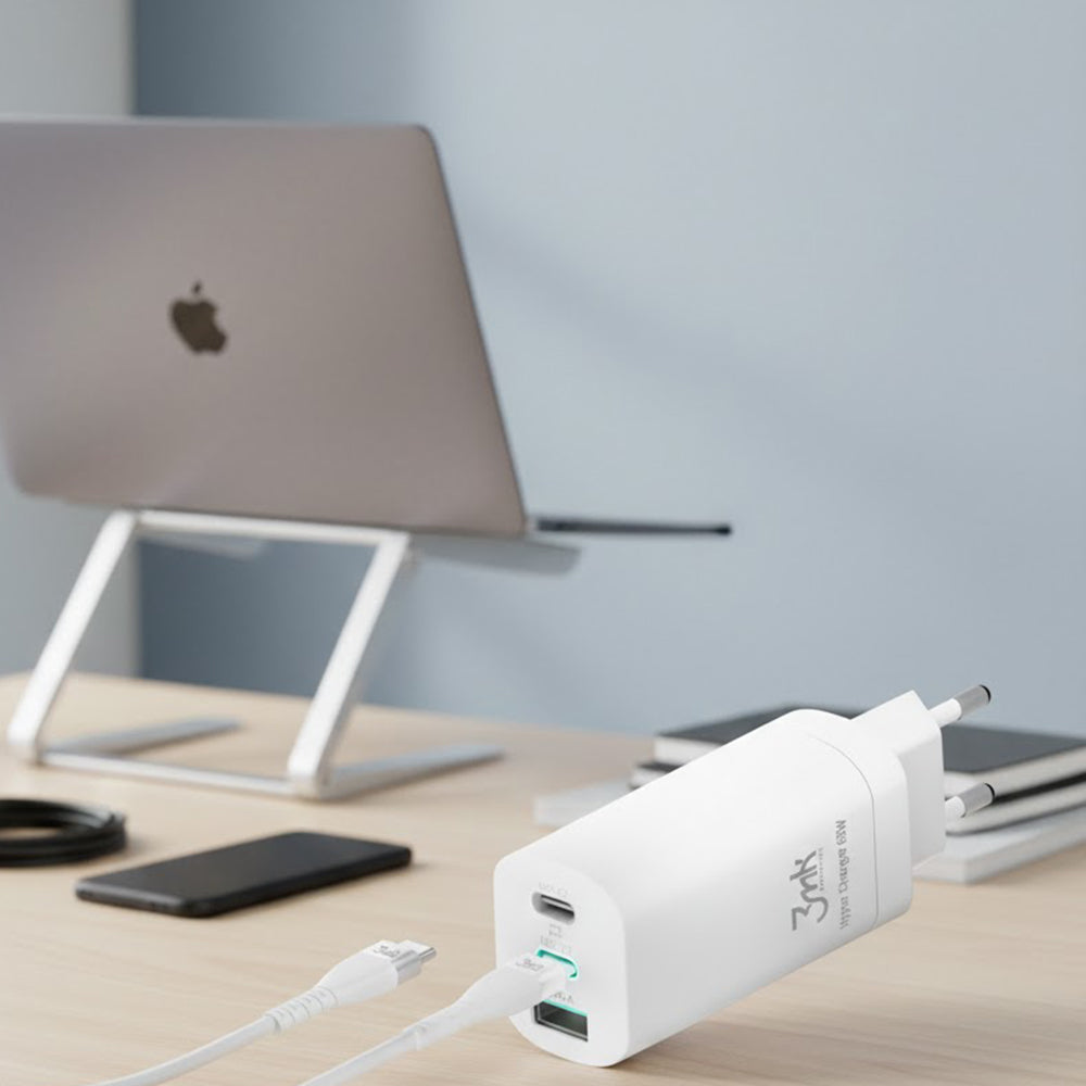 3MK HyperCharger nettadapter, 65W, 5A, 1 x USB-A - 2 x USB-C, hvit