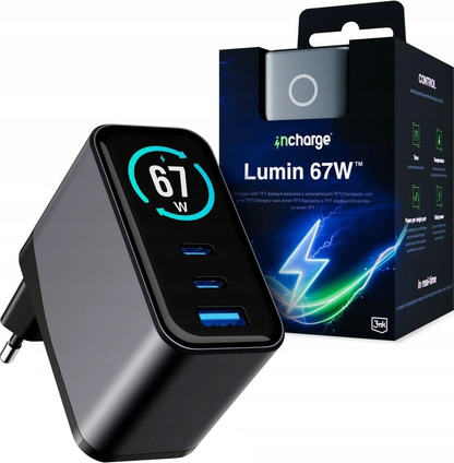 3MK InCharge Lumin Display Nettlader, 67W, 5A, 1 x USB-A - 2 x USB-C, Svart