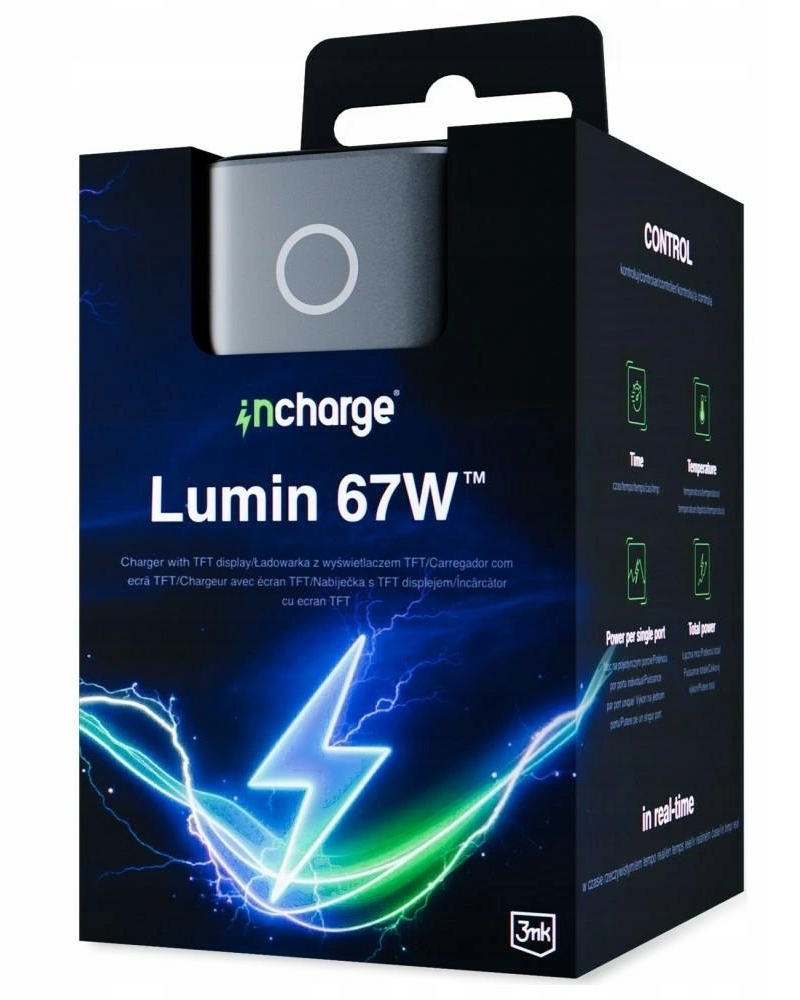 3MK InCharge Lumin Display Nettlader, 67W, 5A, 1 x USB-A - 2 x USB-C, Svart