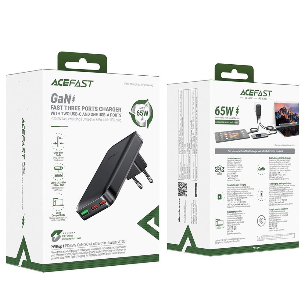 Nettlader Acefast A100, 65W, 3.25A, 1 x USB-A - 2 x USB-C, Svart