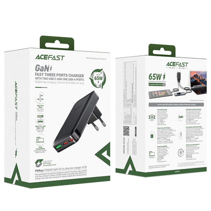 Nettlader Acefast A100, 65W, 3.25A, 1 x USB-A - 2 x USB-C, Svart