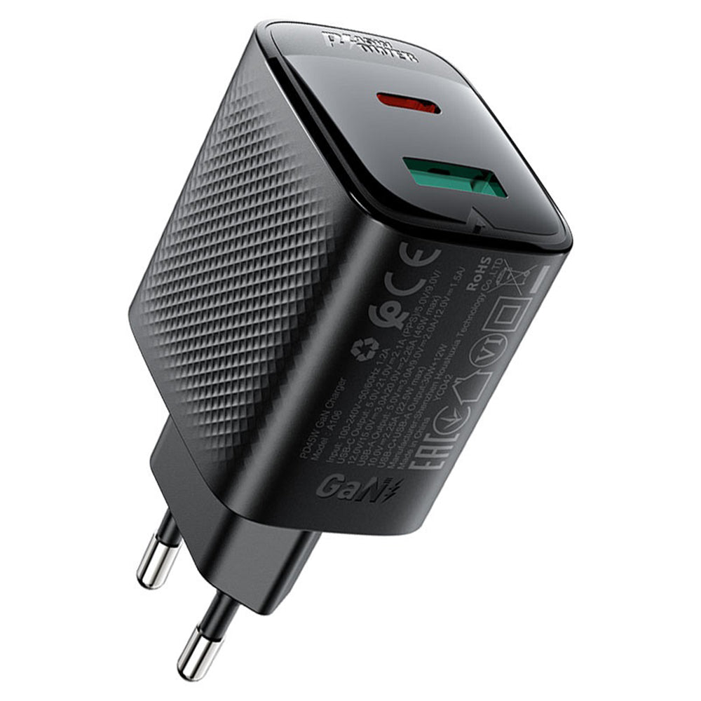 Nettlader Acefast A106, 45W, 3A, 1 x USB-A - 1 x USB-C, Svart