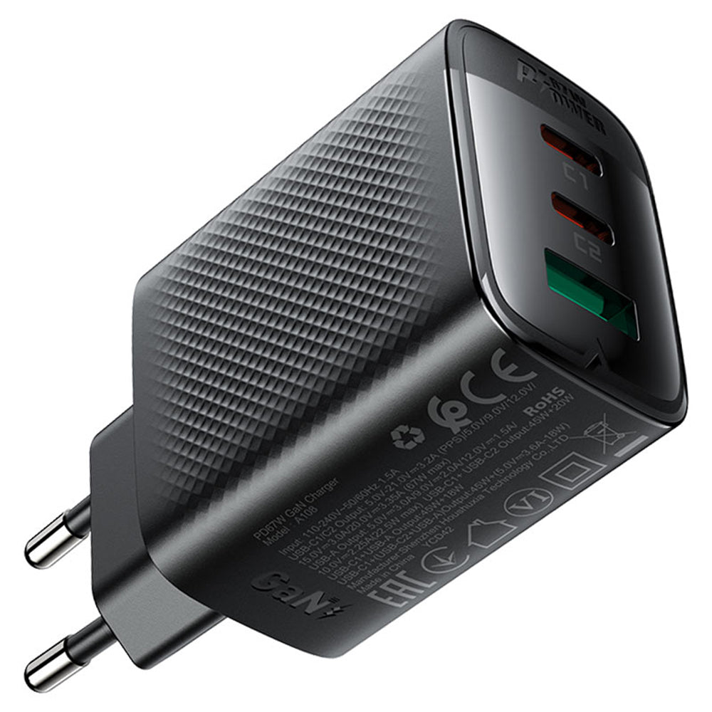Nettlader Acefast A108, 67W, 3A, 1 x USB-A - 2 x USB-C, Svart