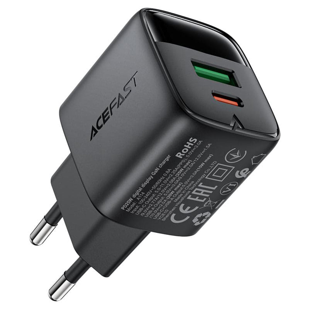 Acefast A114 Display Nettlader, 25W, 3A, 1 x USB-A - 1 x USB-C, Svart
