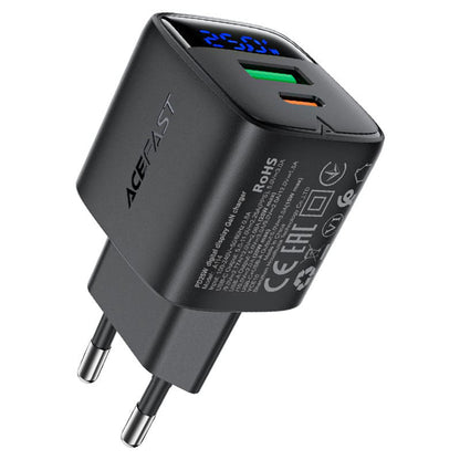 Acefast A114 Display Nettlader, 25W, 3A, 1 x USB-A - 1 x USB-C, Svart