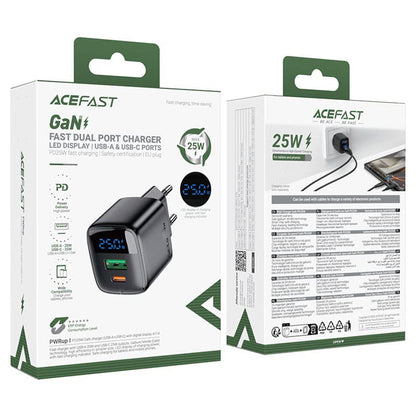 Acefast A114 Display Nettlader, 25W, 3A, 1 x USB-A - 1 x USB-C, Svart