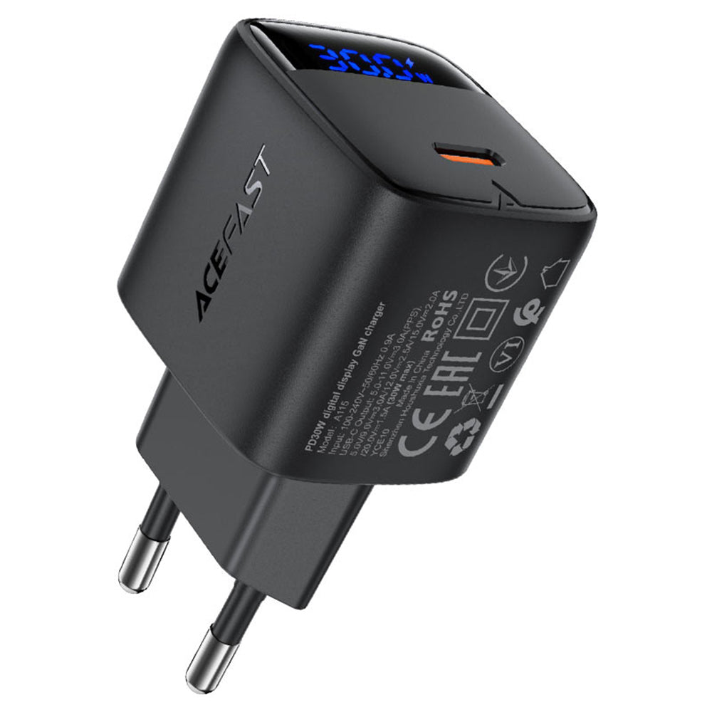 Acefast A115 Display Nettlader, 30W, 3A, 1 x USB-C, Svart