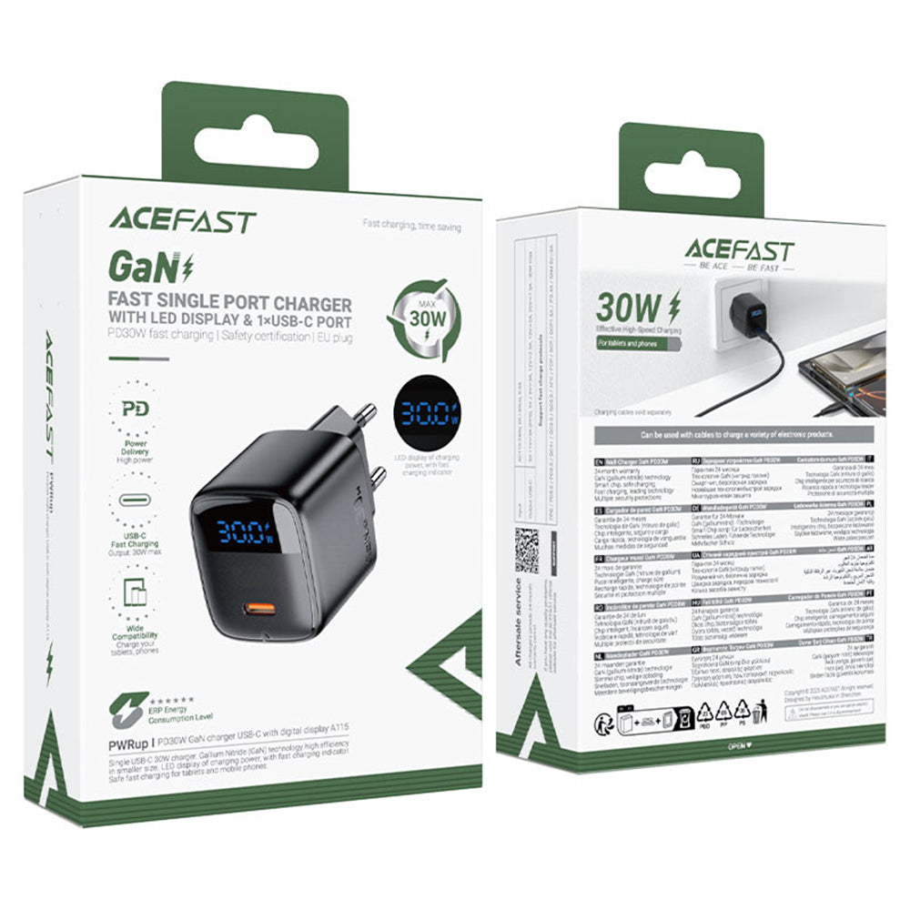 Acefast A115 Display Nettlader, 30W, 3A, 1 x USB-C, Svart