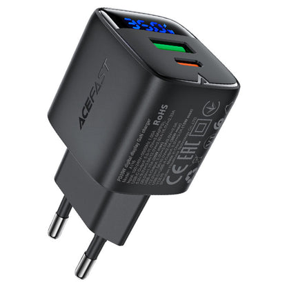 Acefast A116 Display Nettlader, 35W, 3A, 1 x USB-A - 1 x USB-C, Svart