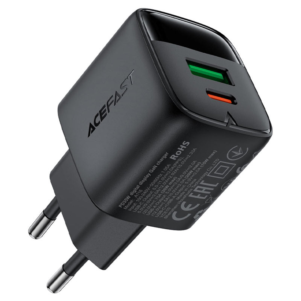 Acefast A116 Display Nettlader, 35W, 3A, 1 x USB-A - 1 x USB-C, Svart