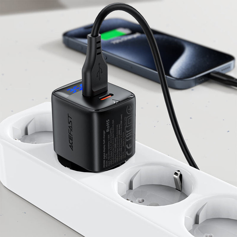 Acefast A116 Display Nettlader, 35W, 3A, 1 x USB-A - 1 x USB-C, Svart