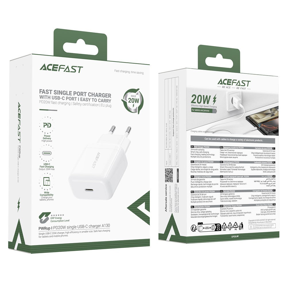 Acefast A130 nettverkslader, 20W, 3A, 1 x USB-C, Hvit