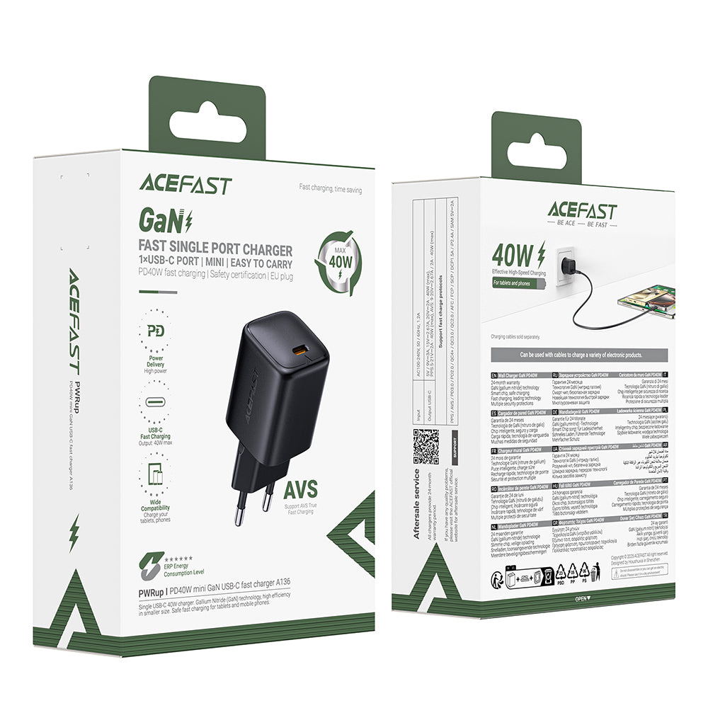 Acefast A136 nettverkslader, 40W, 3A, 1 x USB-C, Svart