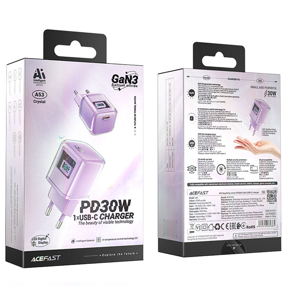 Acefast A53 Sparkling Display nettverkslader, 30W, 3A, 1 x USB-C, Lilla