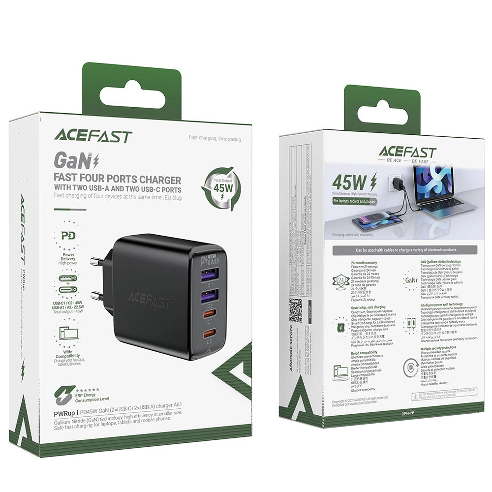 Acefast A61 nettadapter, 45W, 3A, 2 x USB-A - 2 x USB-C, svart