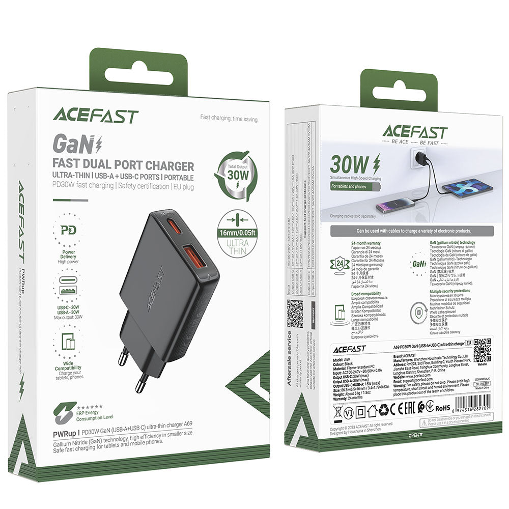 Nettlader Acefast A69, 30W, 3A, 1 x USB-A - 1 x USB-C, Svart