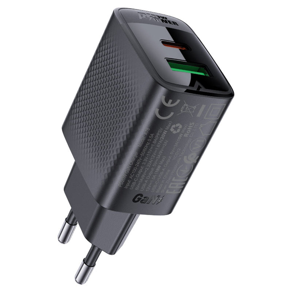 Acefast A78 nettverkslader, 20W, 3A, 1 x USB-A - 1 x USB-C, Svart