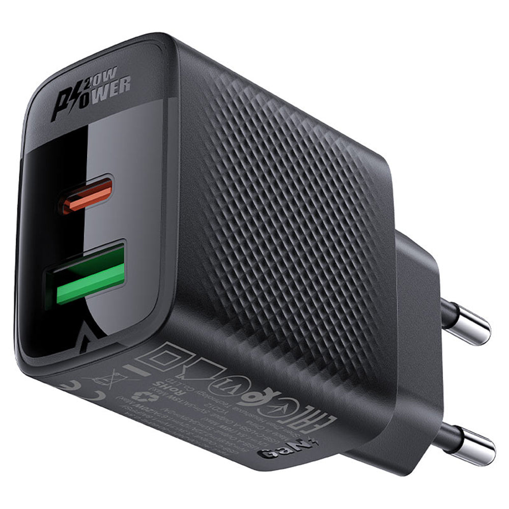 Acefast A78 nettverkslader, 20W, 3A, 1 x USB-A - 1 x USB-C, Svart