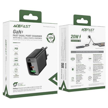Acefast A78 nettverkslader, 20W, 3A, 1 x USB-A - 1 x USB-C, Svart
