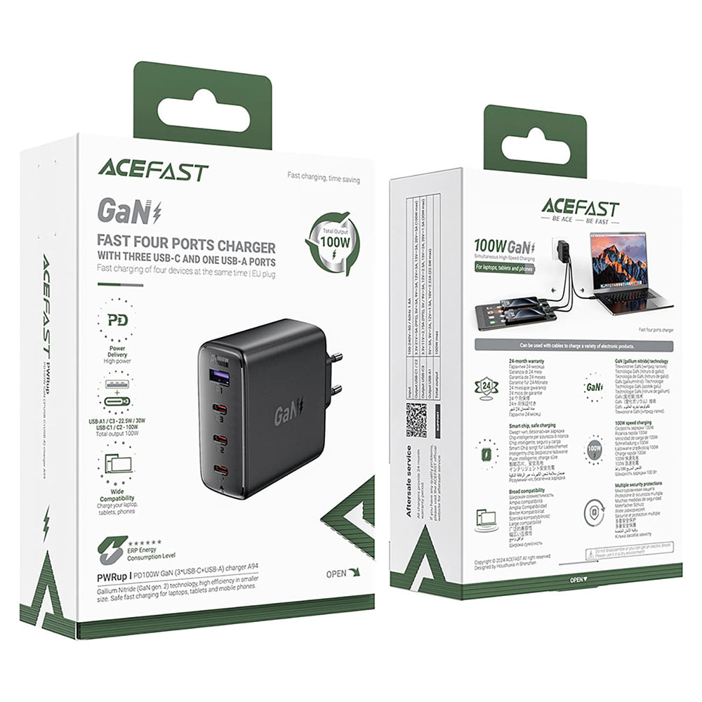 Acefast A94 nettverkslader, 100W, 5A, 1 x USB-A - 3 x USB-C, Svart