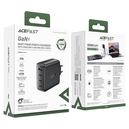 Acefast A94 nettverkslader, 100W, 5A, 1 x USB-A - 3 x USB-C, Svart